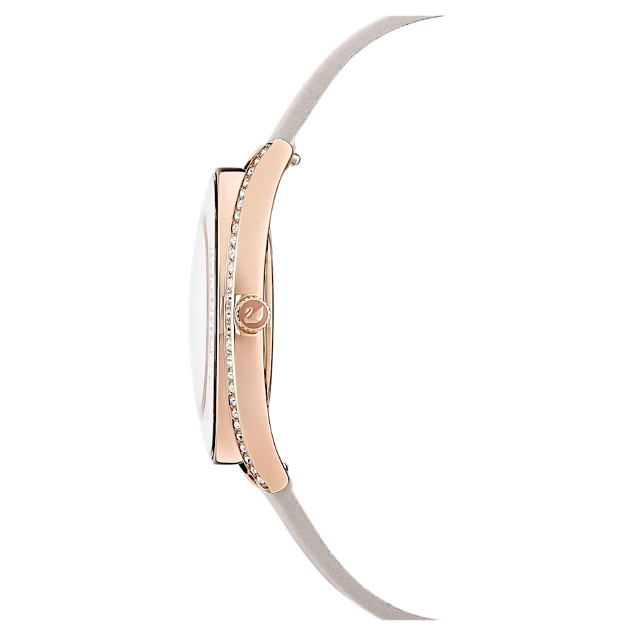 Swarovski Crystalline Aura watch Swiss Made, Leather strap, Gray, Rose gold-tone