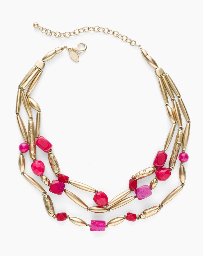 CHICO'S SHORT GOLD-TONE AND PINK MULTI-STRAND NECKLACE