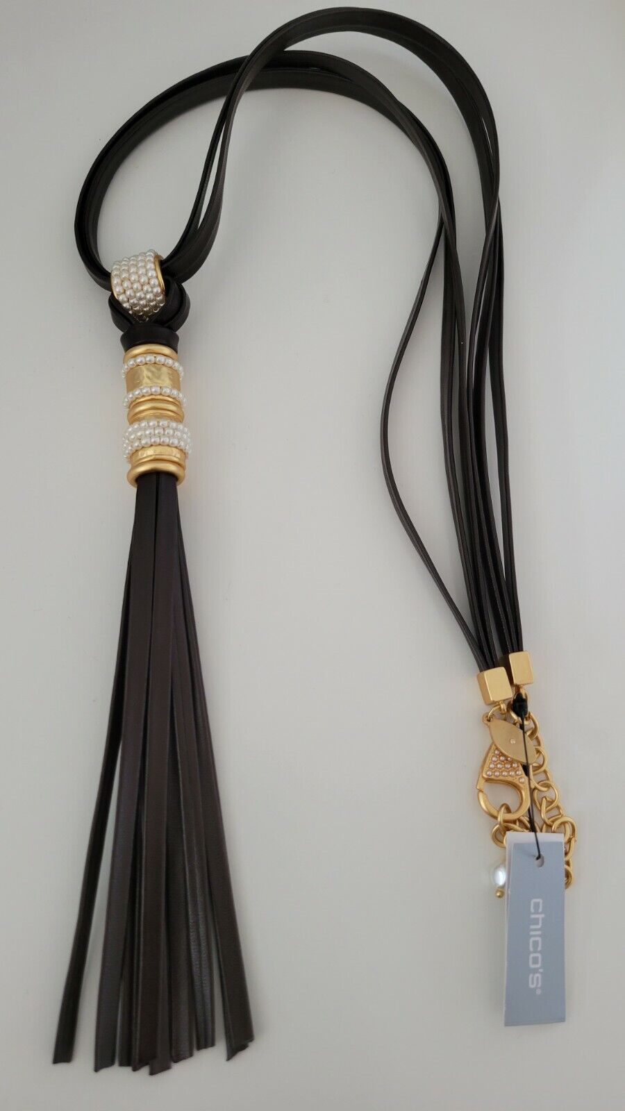 CHICO'S FAUX-LEATHER AND PEARL TASSEL NECKLACE