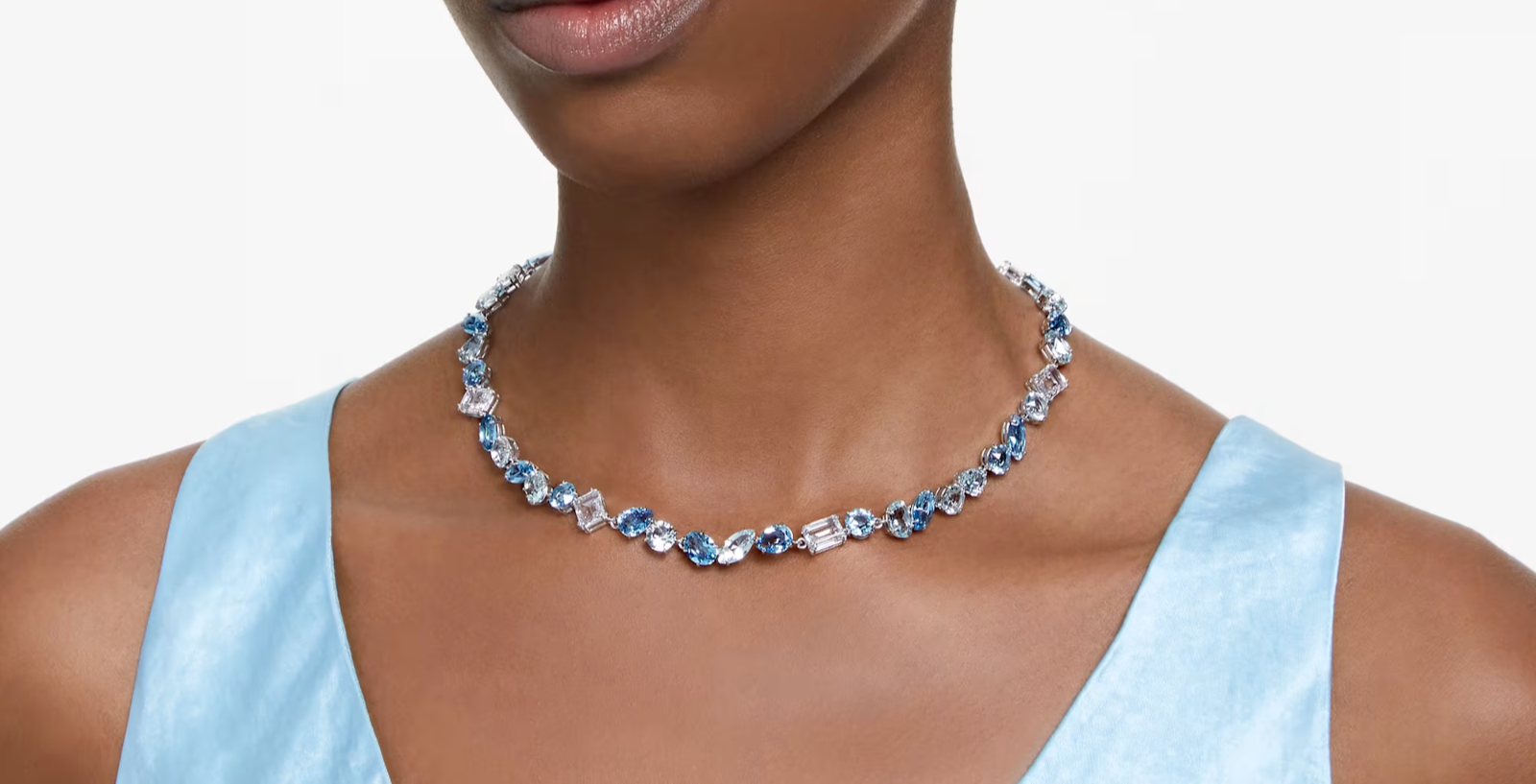 Swarovski Gema necklace Mixed cuts, Blue, Rhodium plated