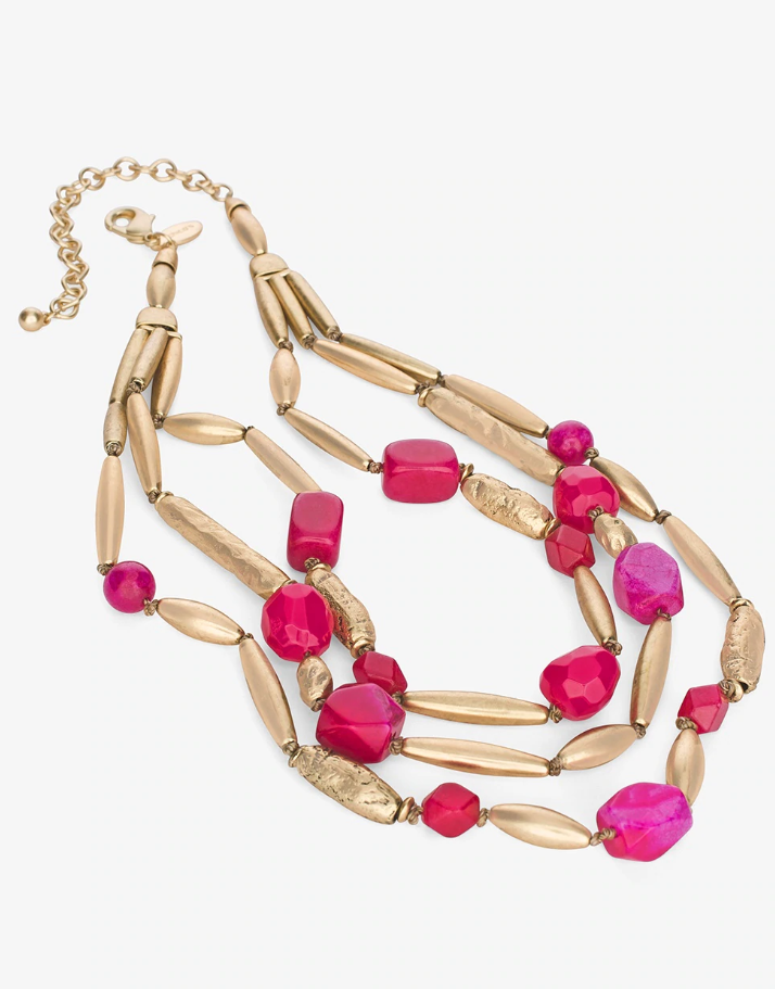 CHICO'S SHORT GOLD-TONE AND PINK MULTI-STRAND NECKLACE