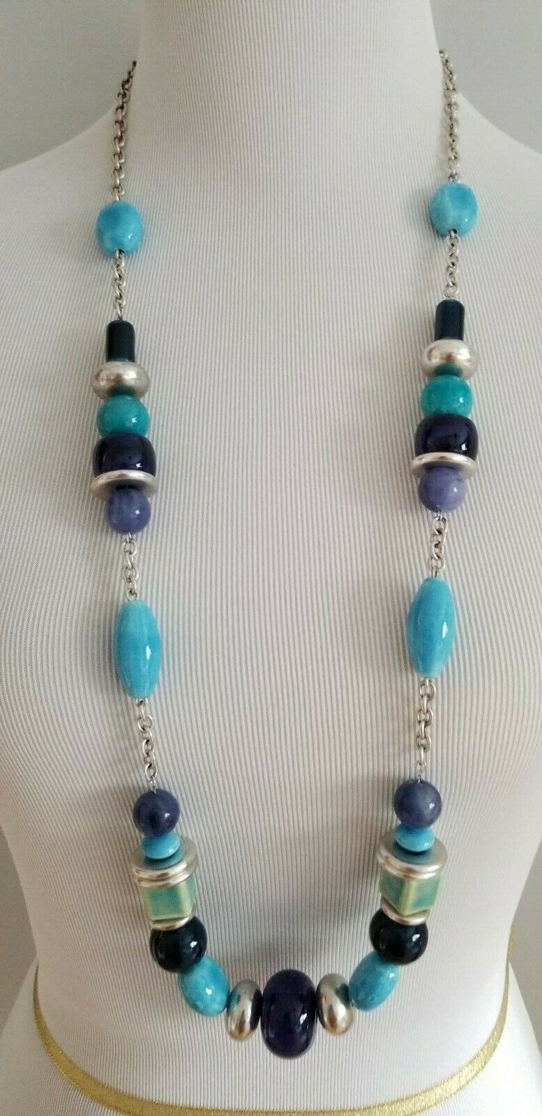 CHICO'S LONG BLUE GEOMETRIC SINGLE-STRAND NECKLACE