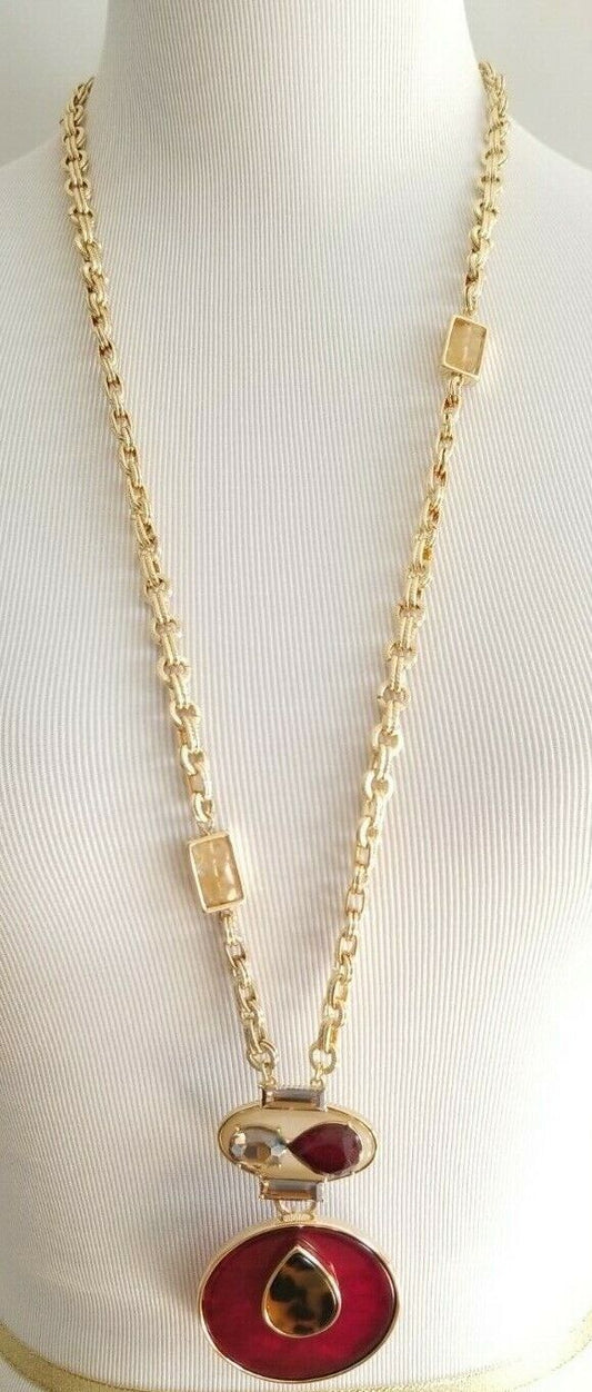 CHICO'S LONG FAUX-TORTOISESHELL AND SHIRAZ-HUED PENDANT NECKLACE