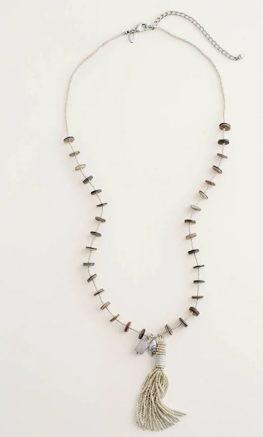 CHICO'S BLACK AND SILVER-TONE BEADED TASSEL NECKLACE