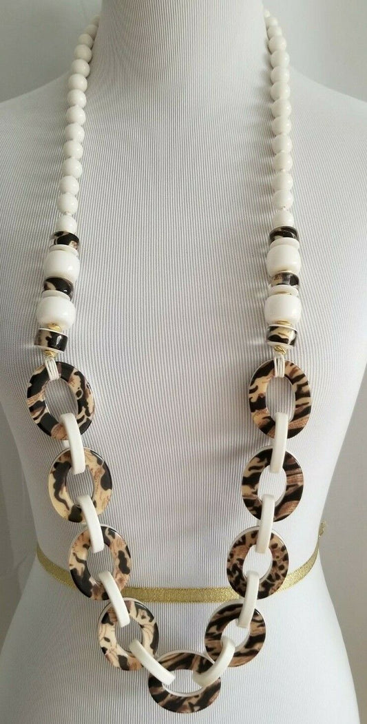 CHICO'S WHITE AND ANIMAL-PRINT CHAIN-LINK SINGLE-STRAND NECKLACE