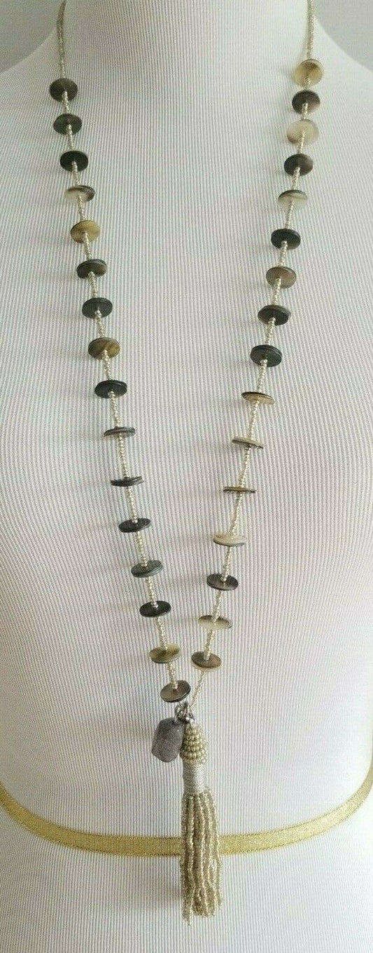 CHICO'S BLACK AND SILVER-TONE BEADED TASSEL NECKLACE
