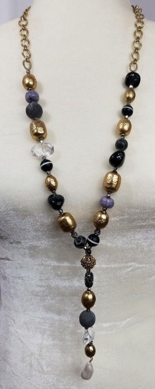CHICO'S TEXTURED FAUX-HEMATITE Y-NECKLACE