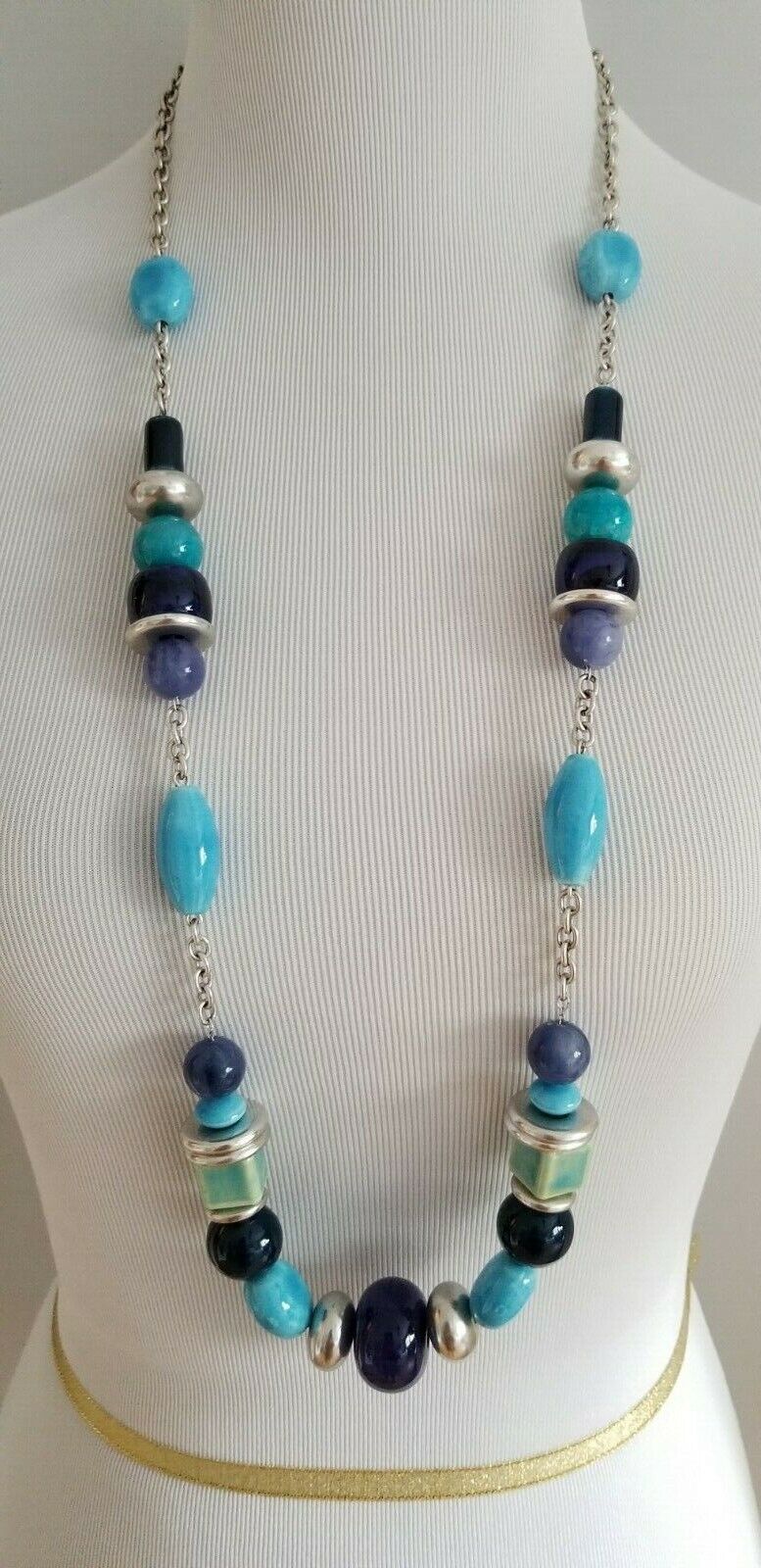 CHICO'S LONG BLUE GEOMETRIC SINGLE-STRAND NECKLACE