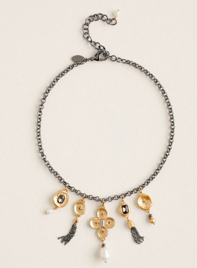 CHICO'S SHORT BLACK AND GOLDTONE CHARM NECKLACE