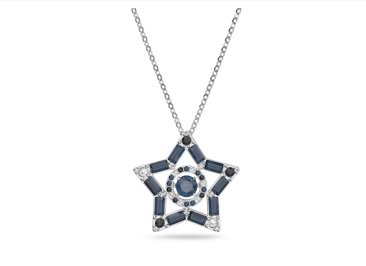 Swarovski Stella pendant Mixed cuts, Star, Long, Blue, Rhodium plated