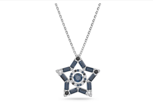 Swarovski Stella pendant Mixed cuts, Star, Long, Blue, Rhodium plated