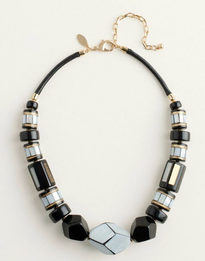 CHICO'S BLACK, WHITE AND GOLDTONE BIB NECKLACE