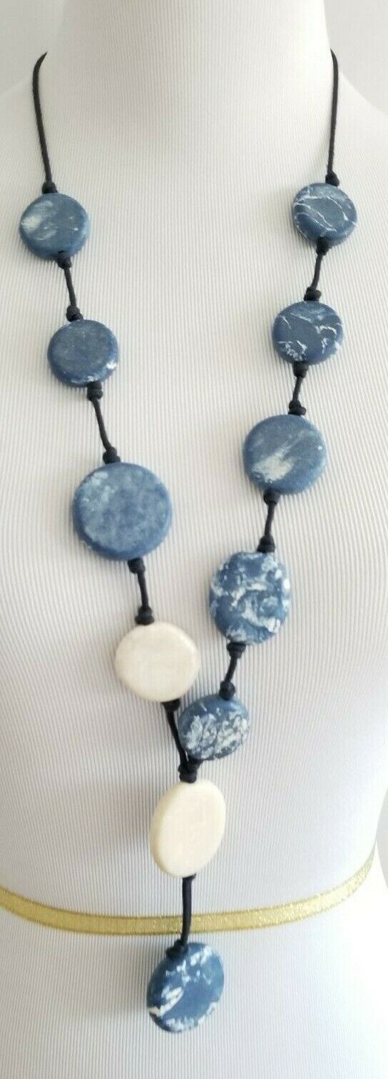 CHICO'S BLUE AND NEUTRAL DISC Y-NECKLACE