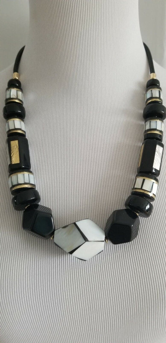CHICO'S BLACK, WHITE AND GOLDTONE BIB NECKLACE