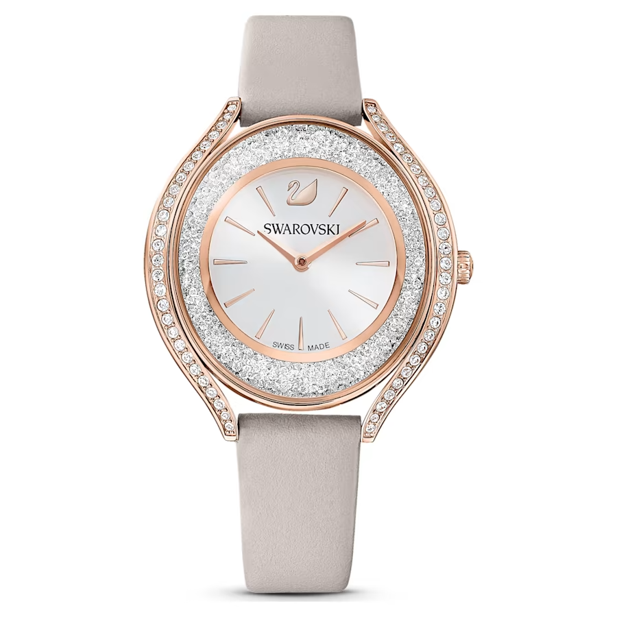 Swarovski Crystalline Aura watch Swiss Made, Leather strap, Gray, Rose gold-tone