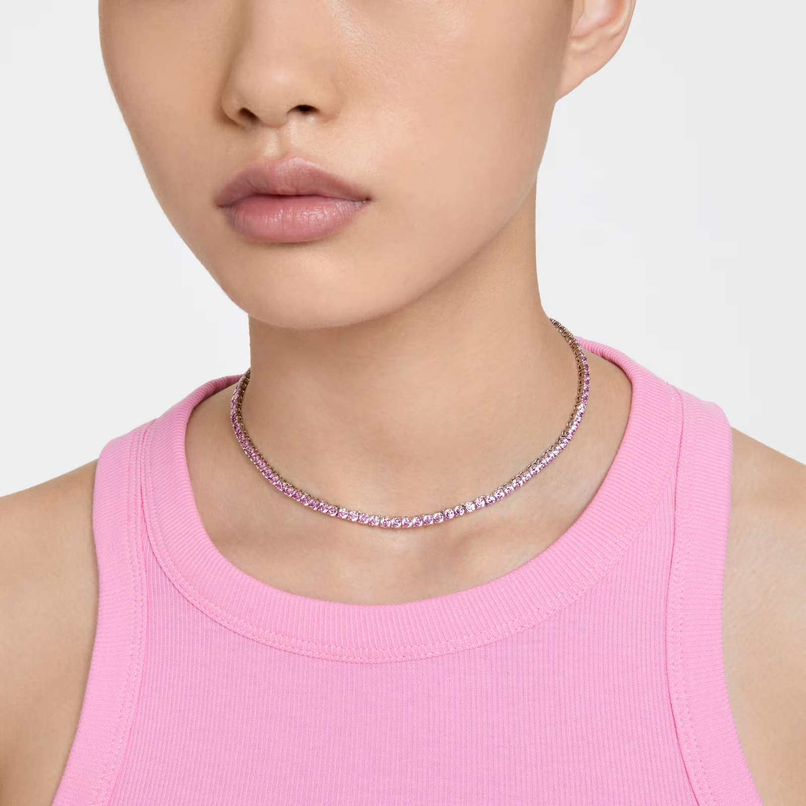 Swarovski Matrix Tennis necklace Round cut, Pink, Rhodium plated