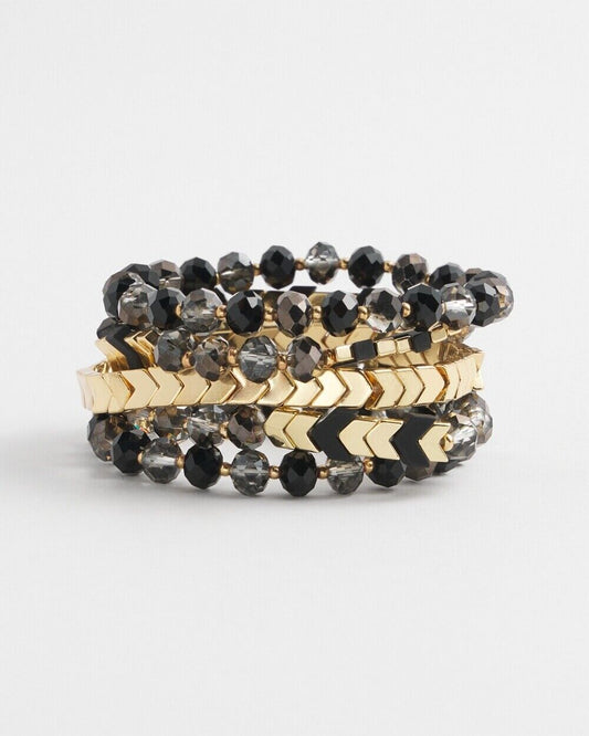 CHICO'S SET OF FIVE GOLD & BLACK STRETCH BRACELET