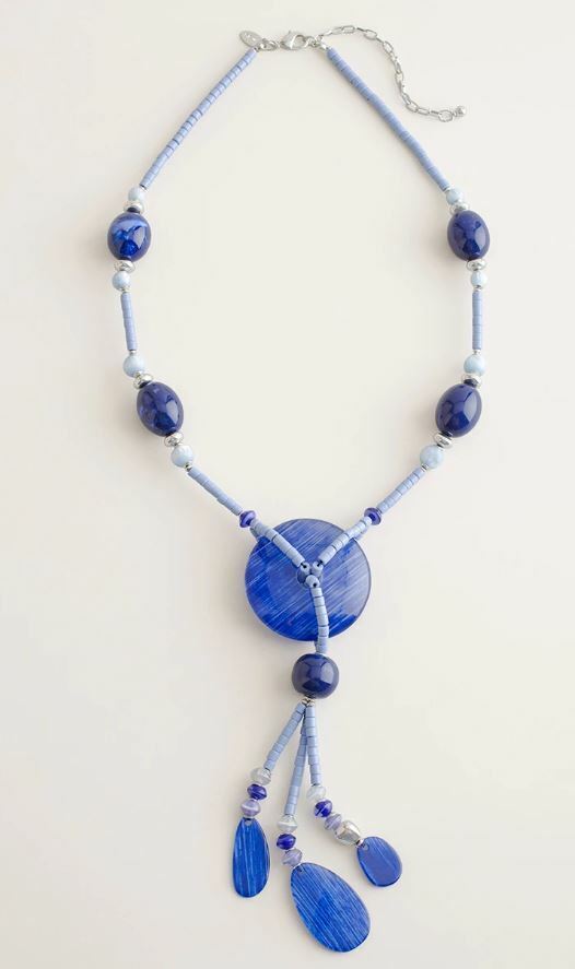 CHICO'S BLUE AND SILVER-TONE BEADED PENDANT TASSEL NECKLACE