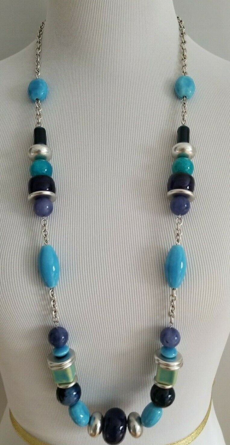 CHICO'S LONG BLUE GEOMETRIC SINGLE-STRAND NECKLACE