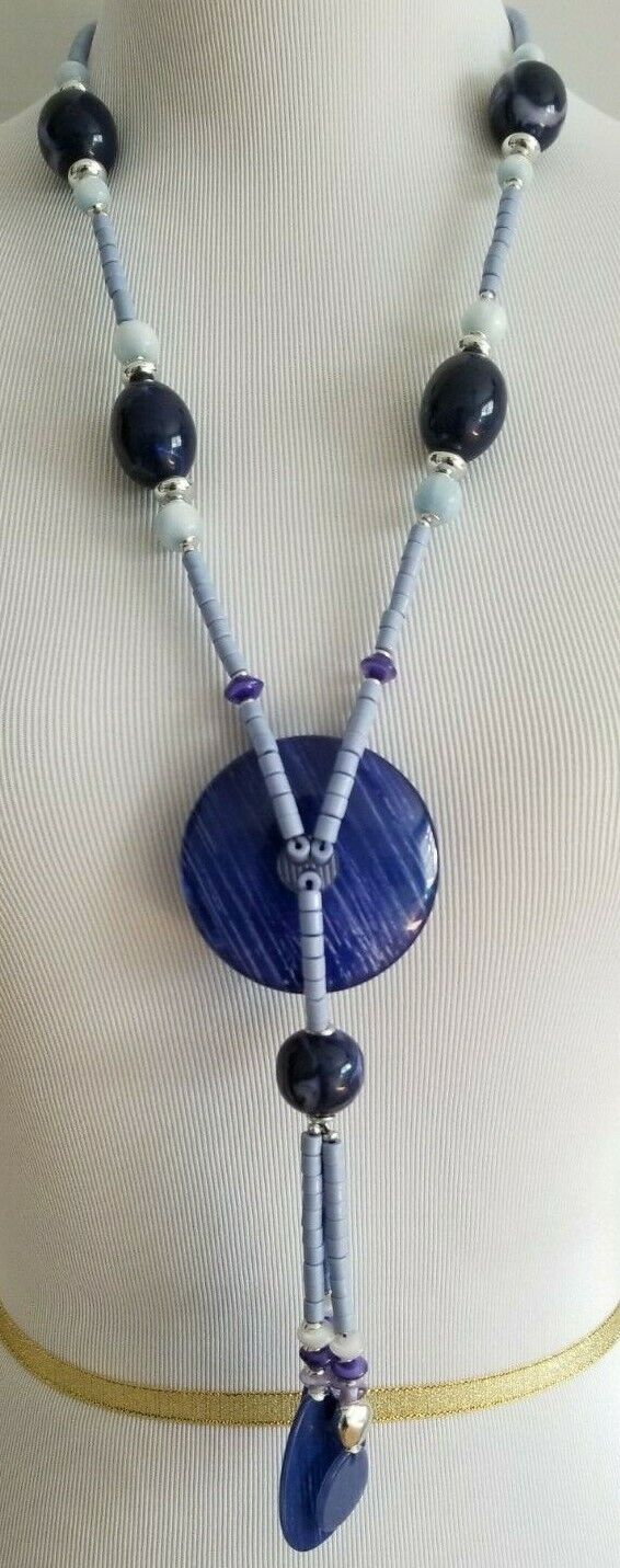CHICO'S BLUE AND SILVER-TONE BEADED PENDANT TASSEL NECKLACE