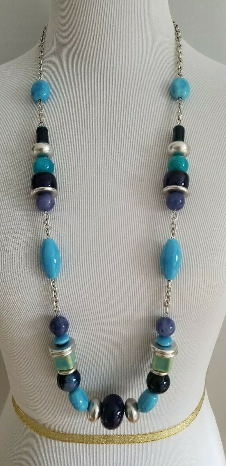 CHICO'S LONG BLUE GEOMETRIC SINGLE-STRAND NECKLACE