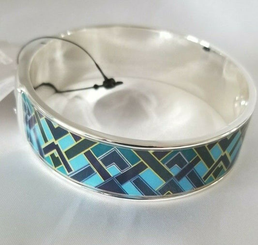 CHICO'S BLUE AND SILVERTONE DECO-PRINT CUFF BRACELET