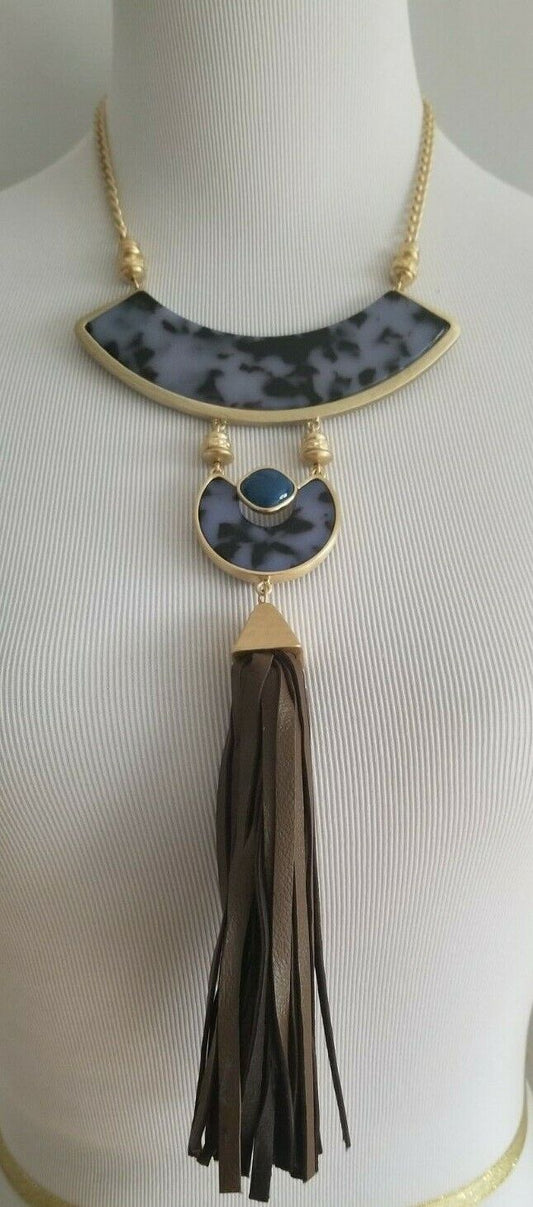 CHICO'S BLUE ANIMAL-PRINT TASSEL PENDANT NECKLACE