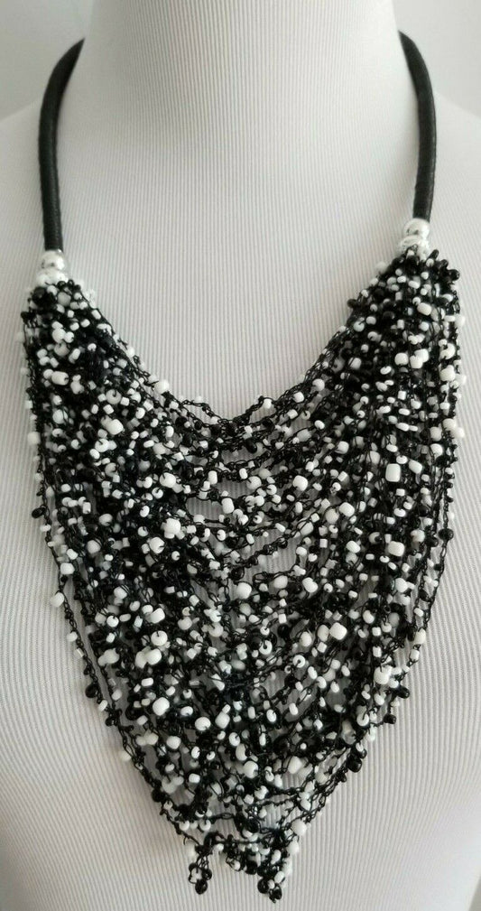 CHICO'S BLACK AND WHITE BEADED BIB NECKLACE