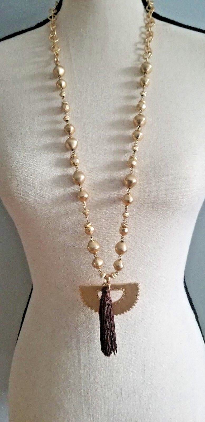 CHICO'S LONG GOLD-TONE TEXTURED TASSEL NECKLACE