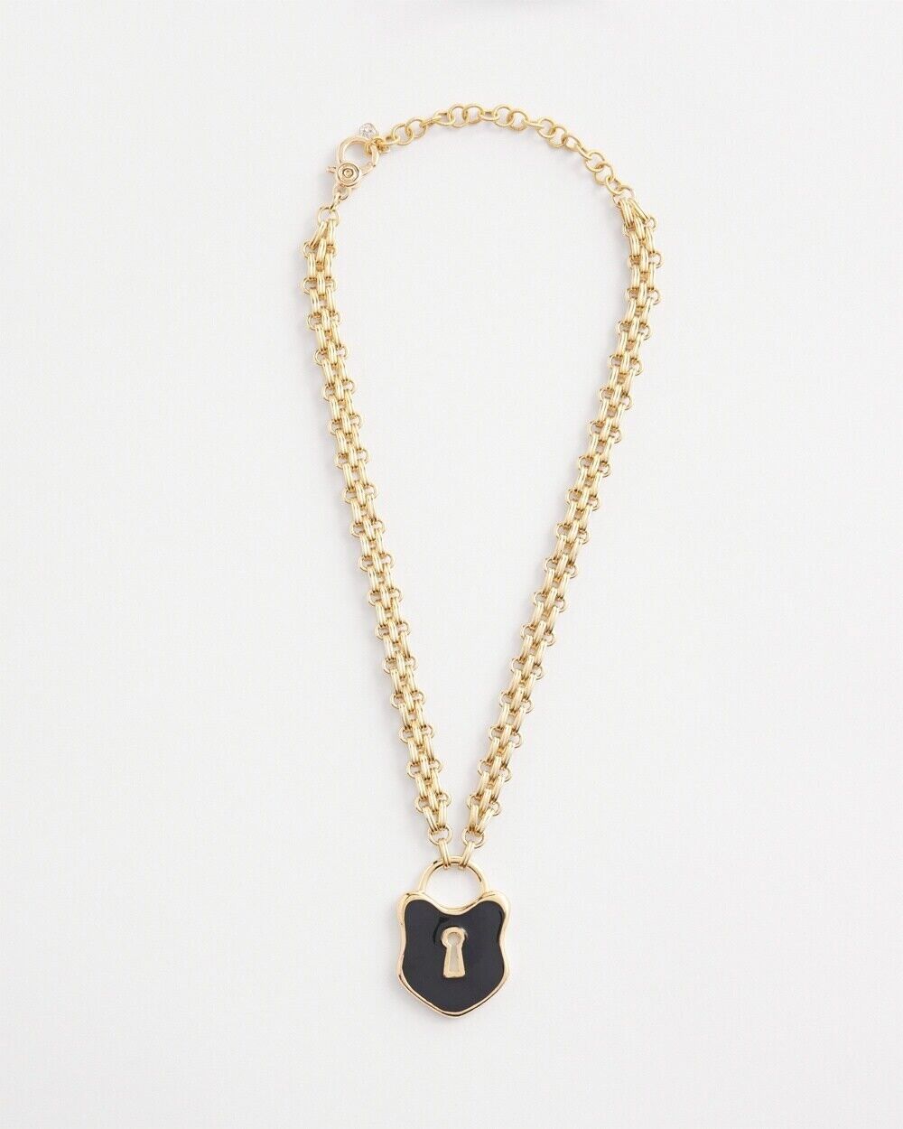 CHICO'S BLACK AND GOLD-TONE LOCK PENDANT NECKLACE