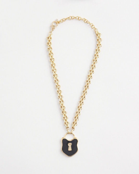 CHICO'S BLACK AND GOLD-TONE LOCK PENDANT NECKLACE