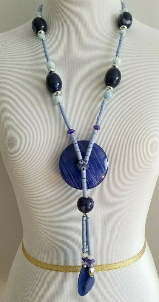 CHICO'S BLUE AND SILVER-TONE BEADED PENDANT TASSEL NECKLACE