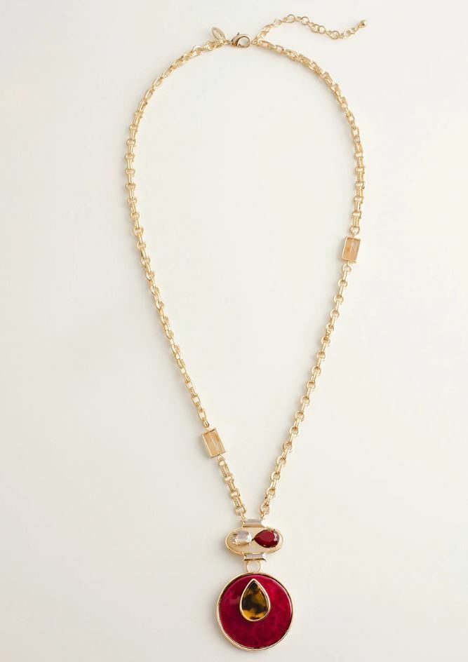 CHICO'S LONG FAUX-TORTOISESHELL AND SHIRAZ-HUED PENDANT NECKLACE
