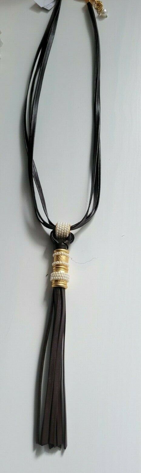 CHICO'S FAUX-LEATHER AND PEARL TASSEL NECKLACE